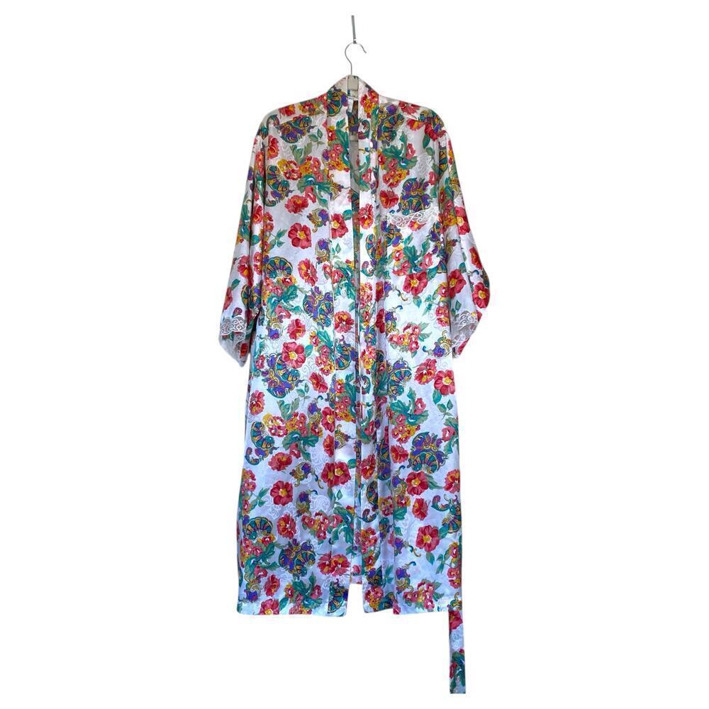 Vintage Josie Natori Floral Robe White Pajamas Size Large Long Cottagecore